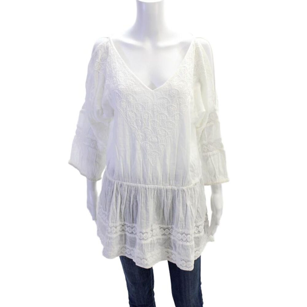 Samson Womens Embroidered V Neck A Line Dress White Cotton Size Large